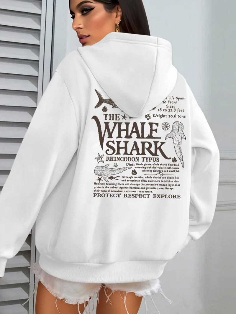Kreativer Walhai mit Buchstaben-Print, Damen-Streetwear, weiche, trendige Kapuzenpullover, einfarbige, warme Kleidung, lockerer Hip-Hop-Hoodie. – Detail 8