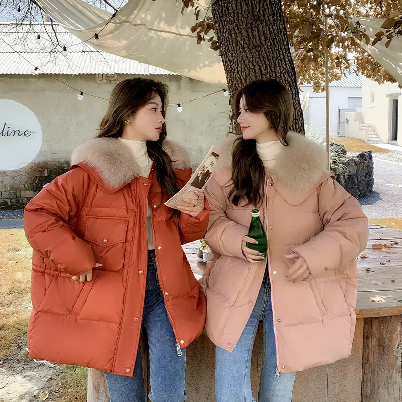 Abrigos gruesos y cálidos de Invierno para mujer, chaqueta de plumón de longitud media, cuello de piel de zorro Real Natural, plumón de pato blanco, cintura nueva, 2024