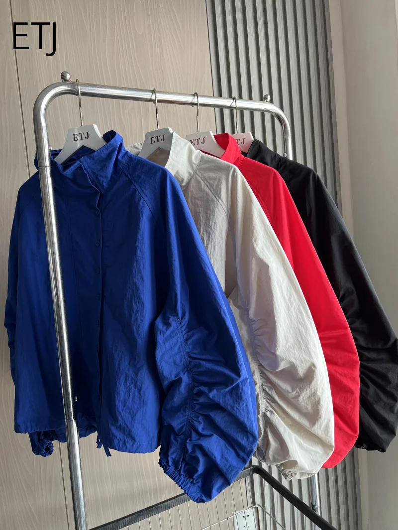 ETJ 2026 Damen Polyester Windbreaker mit Stehkragen, Knopfleiste, Leichtgewicht, Wasserabweisend, Puffärmel, Oversize-Jacke – Detail 6