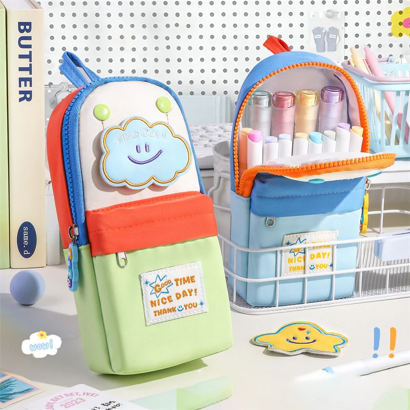 Mochila pequeña de dibujos animados con bloques de color, estuche para lápices con diseño de estrella, papelería para estudiantes, almacenamiento de gran capacidad, bolsa para lápices para la vuelta al colegio para niños, 1 ud.