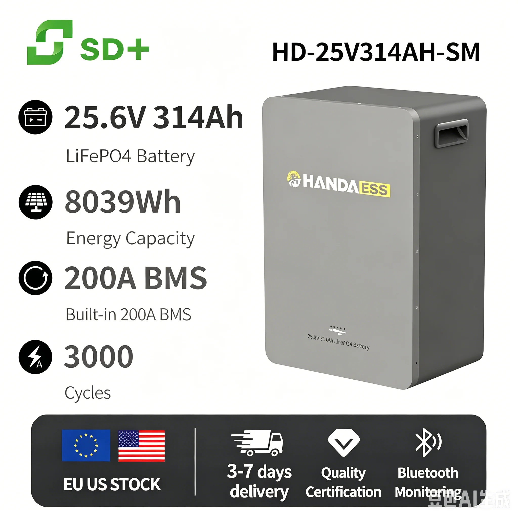 SANDISOLAR HANDA LiFePO4 Battery 25.6V 314Ah 8038Wh｜3000 Cycles /Small size/Light weight//Long cycle life