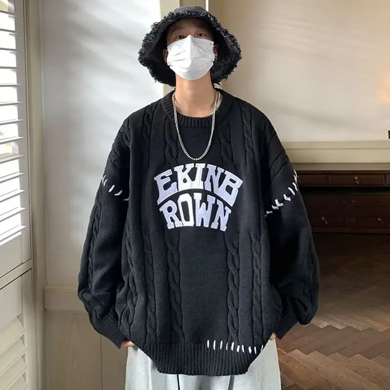 

Осенне-зимний свитер больших размеров, мужской повседневный вязаный свитер с высоким воротником и буквенным узором, Гонконгский свободный крой, удобный...