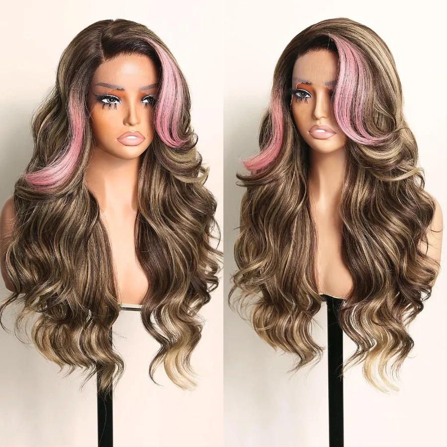 الوردي تسليط الضوء على الجسم موجة غلويليس الدانتيل الجبهة شعر مستعار اصطناعي للنساء السود 24 بوصة ارتداء ونمط الذهاب مظهر طبيعي سهل التصميم