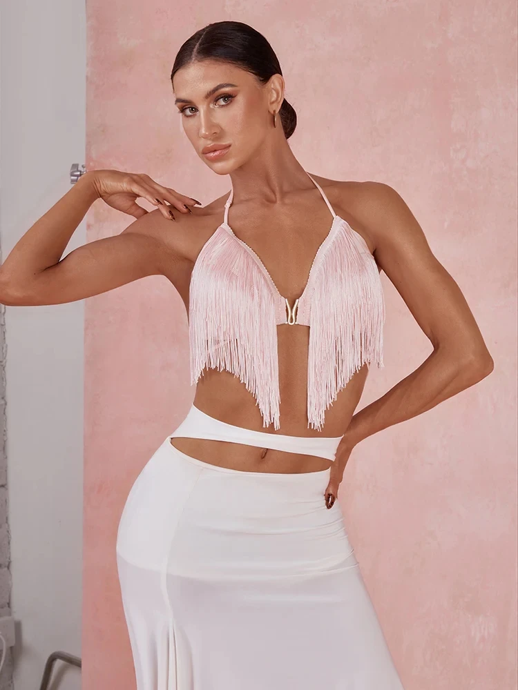 ZYM Latin Dance Lush Fringe Crop Top #2443 Black White Pink Color