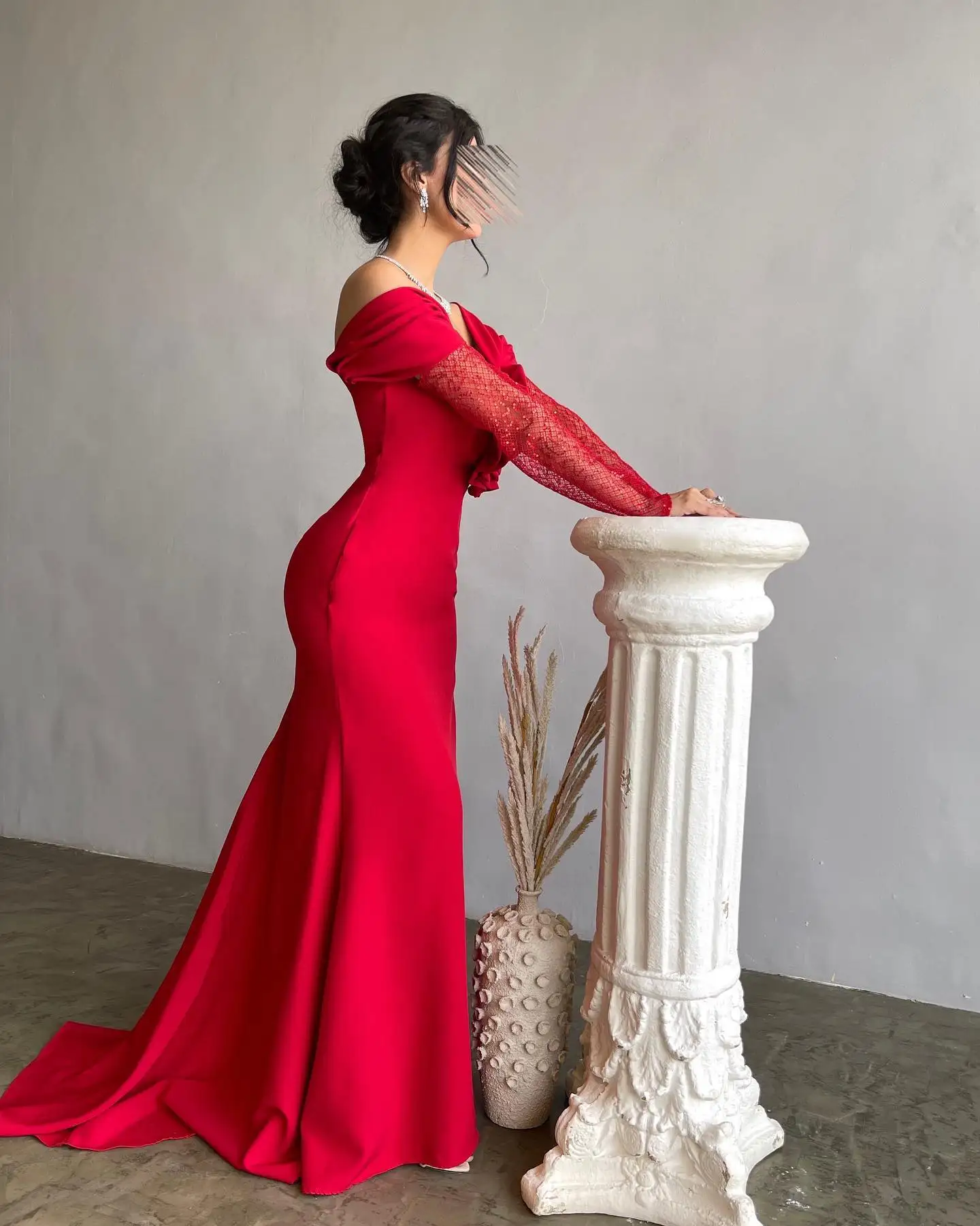 Jirocum Red Mermaid Evening Gown Women\'s Floral Long Sleeve Party Prom Dress Floor Length Off Shoulder Formal Occasion Dresses