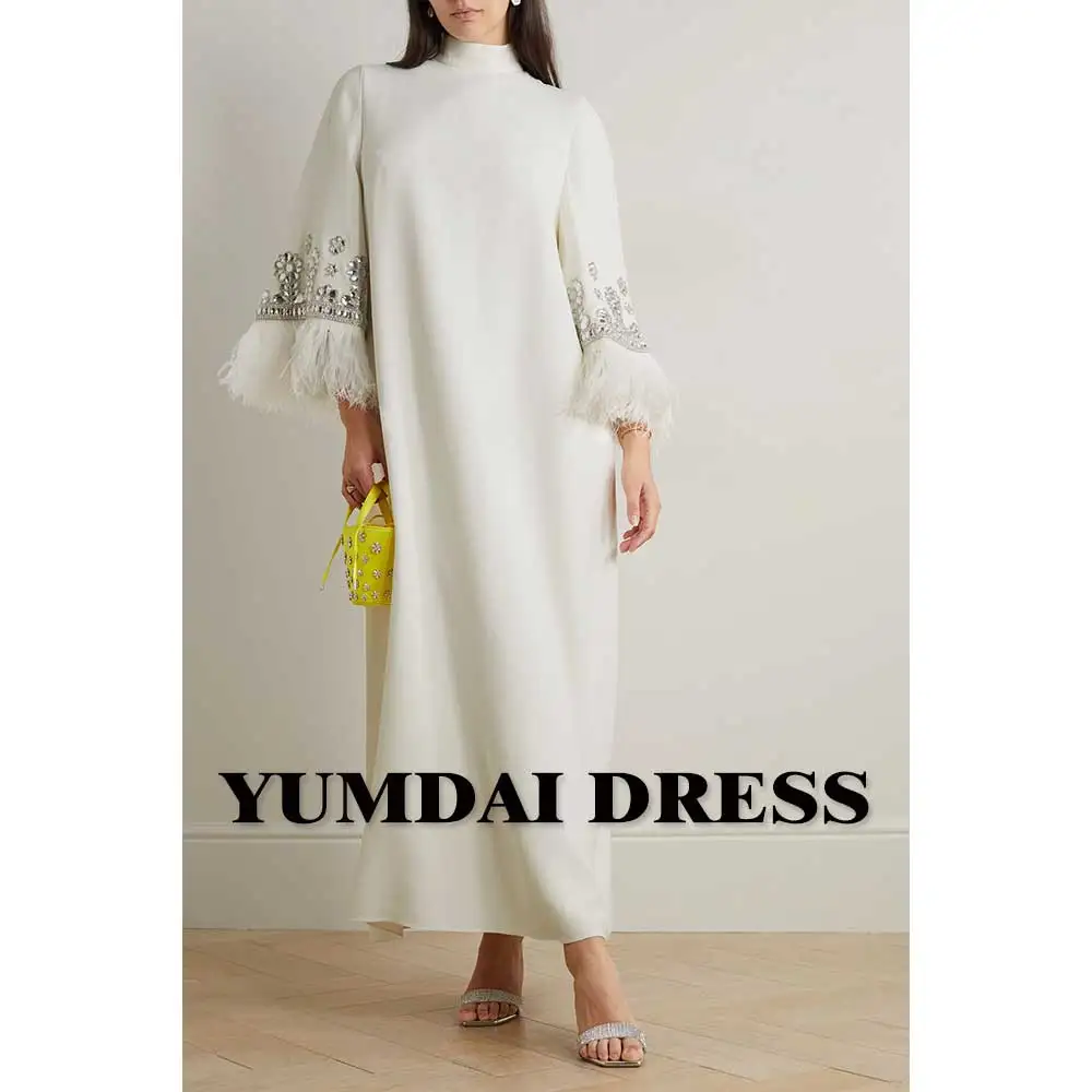 YUMDAI Luxury Dubai Evening Gown Long Sleeve Feather Rhinestone Ball Dress Elegant Beige Bride Dress Bridesmaid Dress Midi Gown