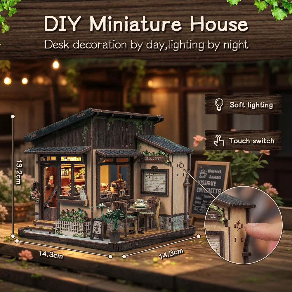CUTEBEE Kissa Coffee Book Nook Kit 3D Wooden Puzzle Dollhouse with LED Light DIY Miniature House Model