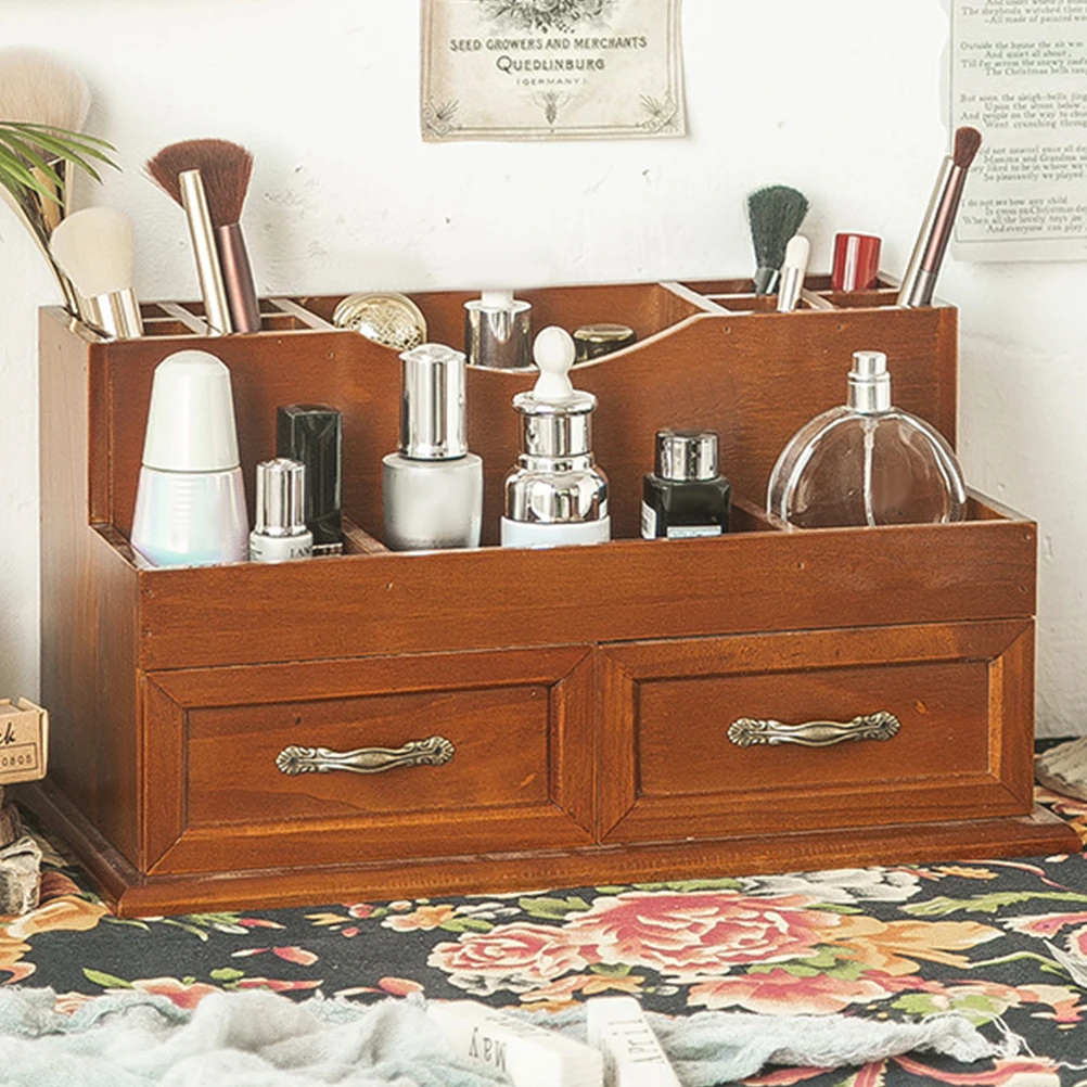 

Wooden Desktop Organizer Vintage Shallow Brown Jewelry Storage Container Multi-layer Shelf Makeup Holder