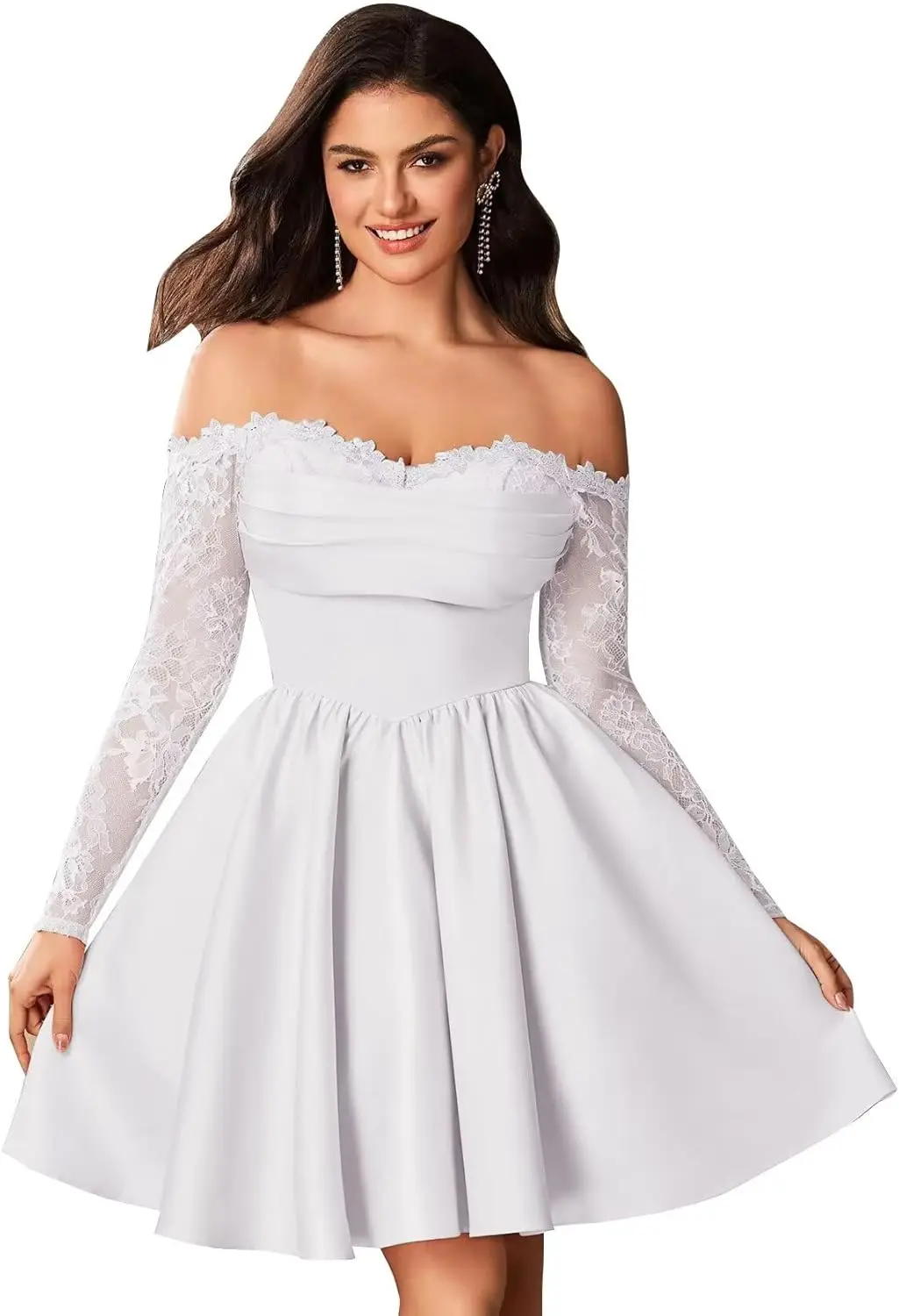 

Lace Satin Homecoming Dresses Off Shoulder Long Sleeve Prom Dress Short Puffy A-Line Cocktail Party Dress Mini Graduation Dress
