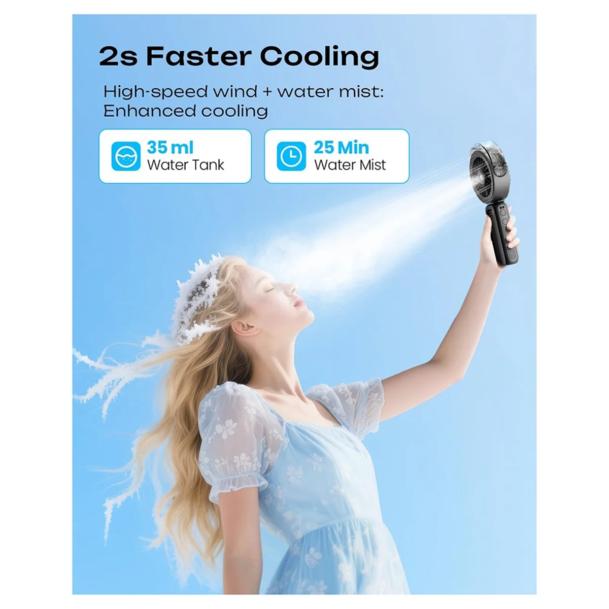 Kipas Gerimis Genggam AA85 Powerful4 Kecepatan Tinggi Dapat Diisi Ulang Kipas Genggam Kecil Kabut Air, Baterai 4000MAh Dioperasikan Hitam