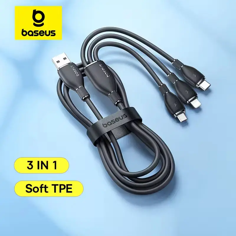 Baseus 100W 3 in 1 USB Cable For Huawei Honor Fast Charging Cable For Xiaomi Samsung Soft TPE Data Wire Charge For iPhone