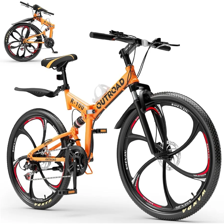 

26 Inch Adult Folding Mountain Bike with 21 Speed Gears Full Suspension System High Carbon Steel Frame Compact Foldable Design
