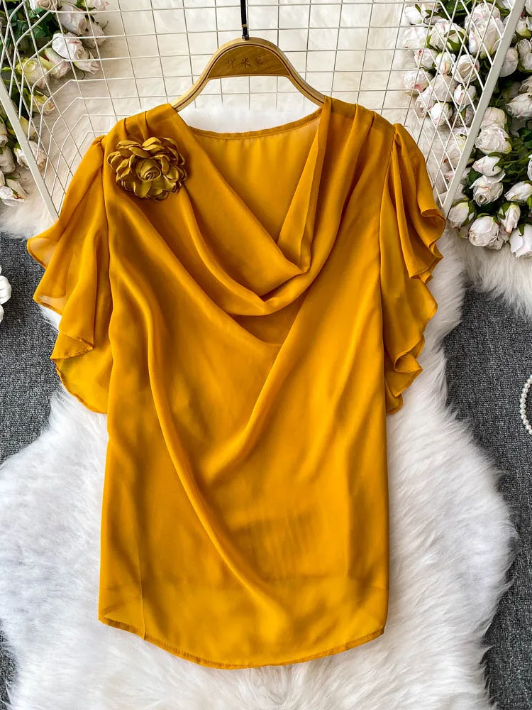 

Ele Summer irt for Women with Flounce Sves And 3D Flower Decoration Korean Sle Loose Fit ort Sve UV Protection