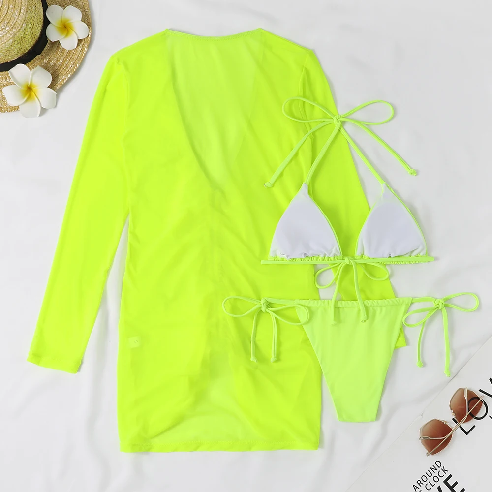 Fluorescente 2023 beachwear maiô de três peças cobrir mulheres nadar vestido sexy maiô malha terno verão bodysuit