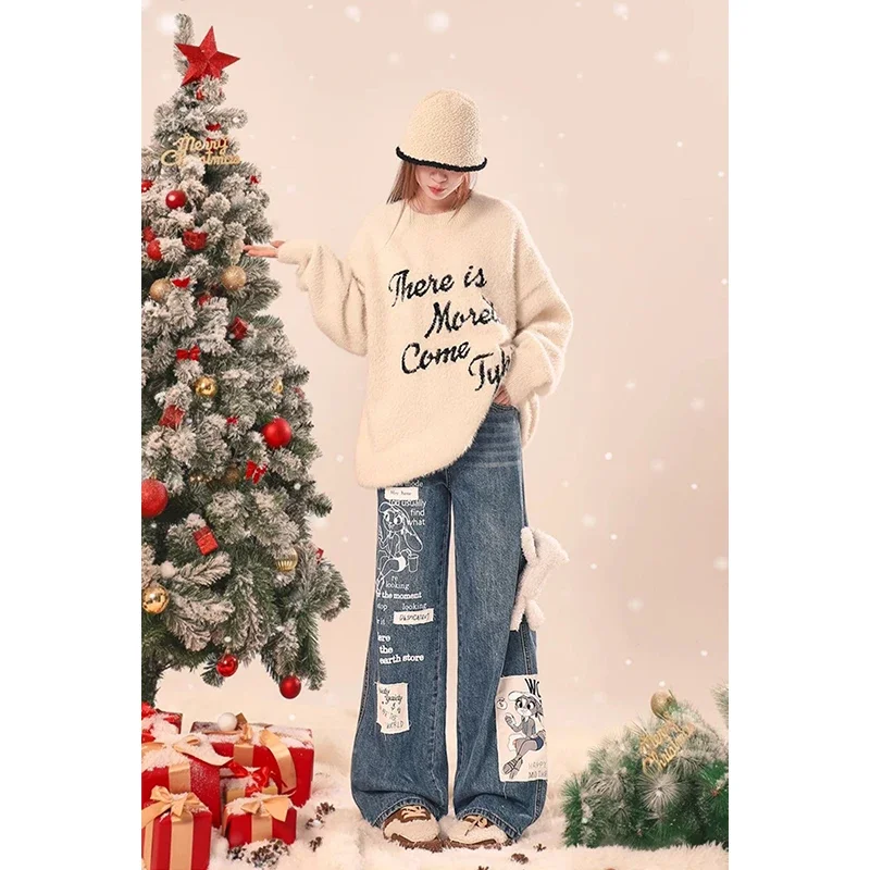 

Harajuku Vintage Print Grunge Loose Jeans Female Pants 2024 Winter Women's Y2K Wide Leg Baggy Casual Style Denim Trouser
