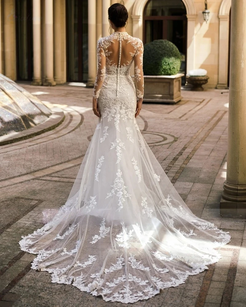 فستان زفاف بوهو بأكمام طويلة مزين بالدانتيل فستان زفاف حورية البحر الوهم الخلفي للشاطئ فيستدوس دي نوفيا حسب الطلب