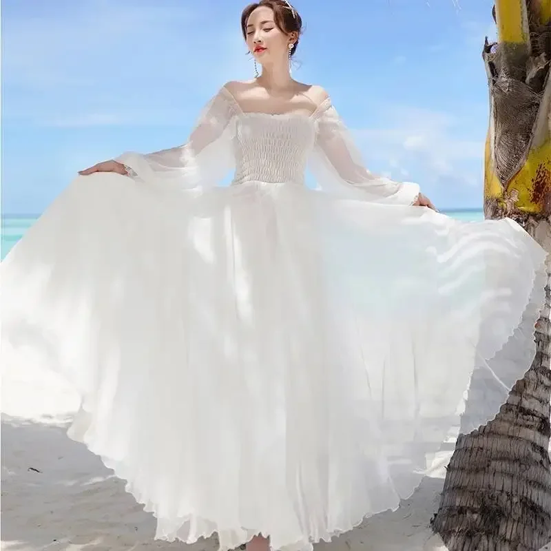 Jurken voor dames zomer nieuwe chiffon off-shoulder jurk witte jurk vestido de mujer