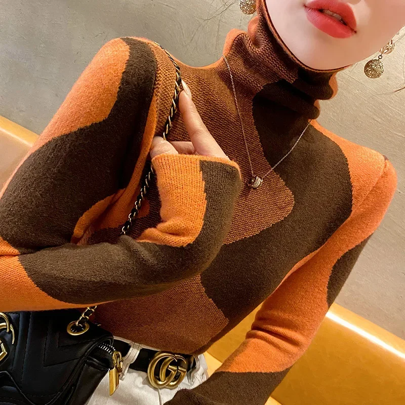 Women Chic Y2k Sweaters, Long Sleeve Turtleneck Elastic Slim Jumper, Fashion Wool Knitwear, Female Vintage Pullovers