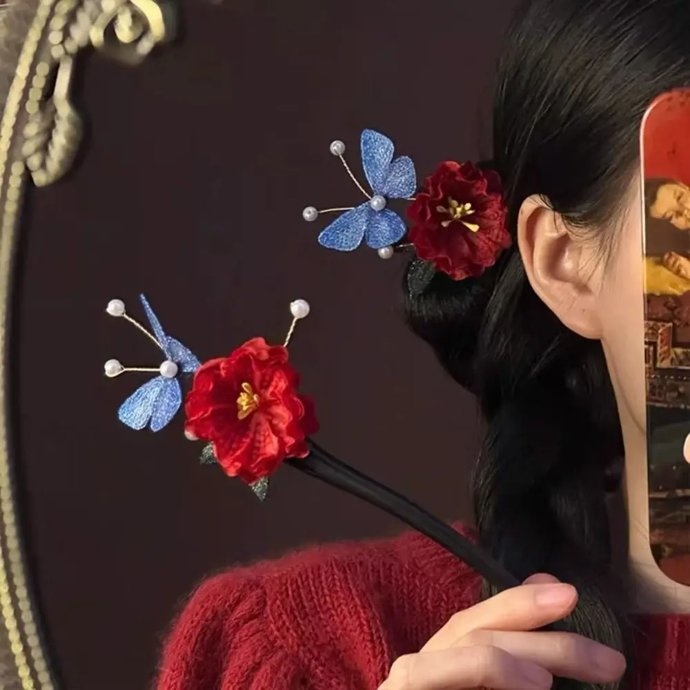 

Tassel Red Flower Hair Clip Pearl Retro Hanfu Hairpin Antique New Chinese Style Bridal Hair Accessories Cheongsam Accessories