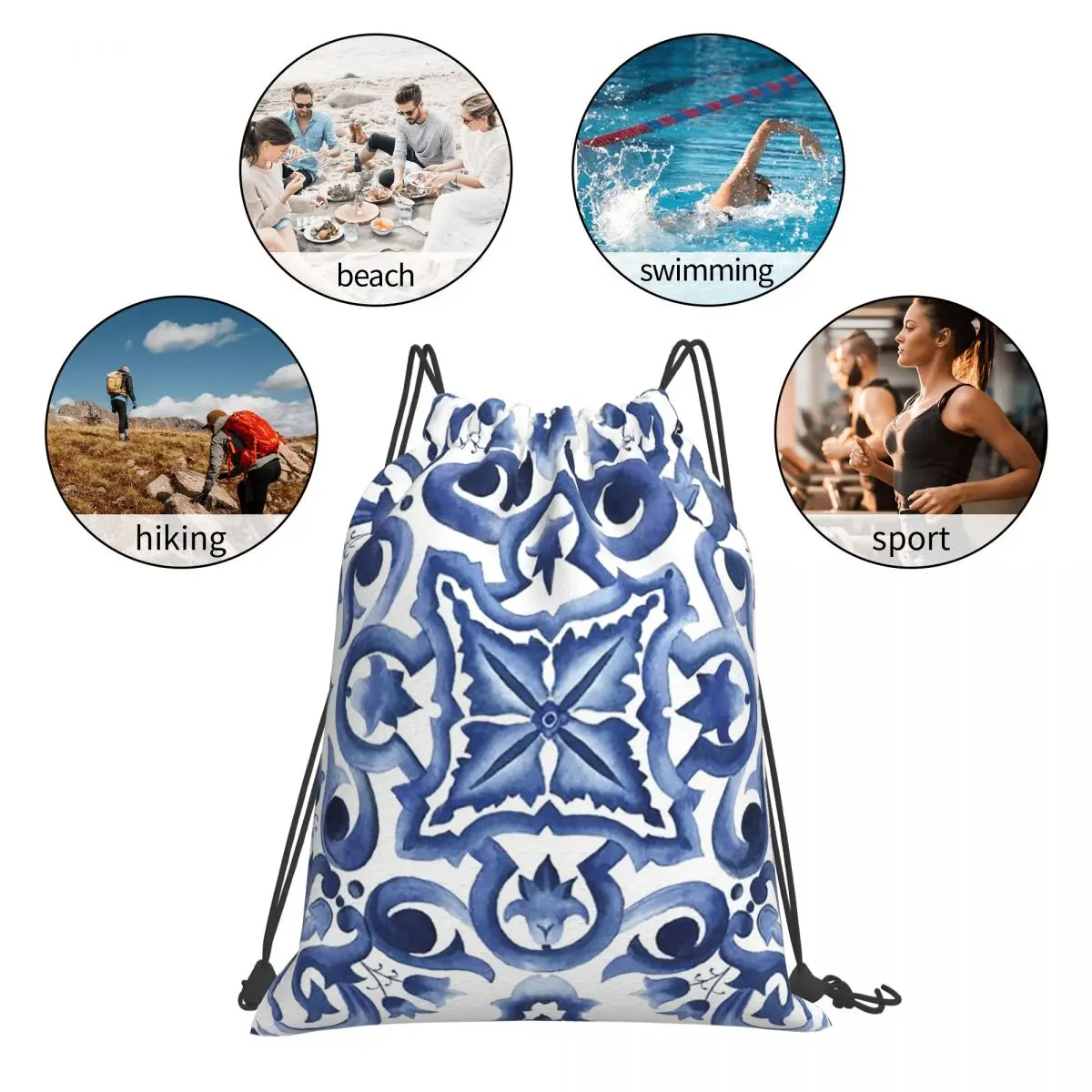 حقائب ظهر من بلاط صقلية البحر الأبيض المتوسط مزخرفة باللون الأزرق، حقائب ظهر عصرية محمولة برباط، حقيبة تخزين، حقائب كتب للسفر