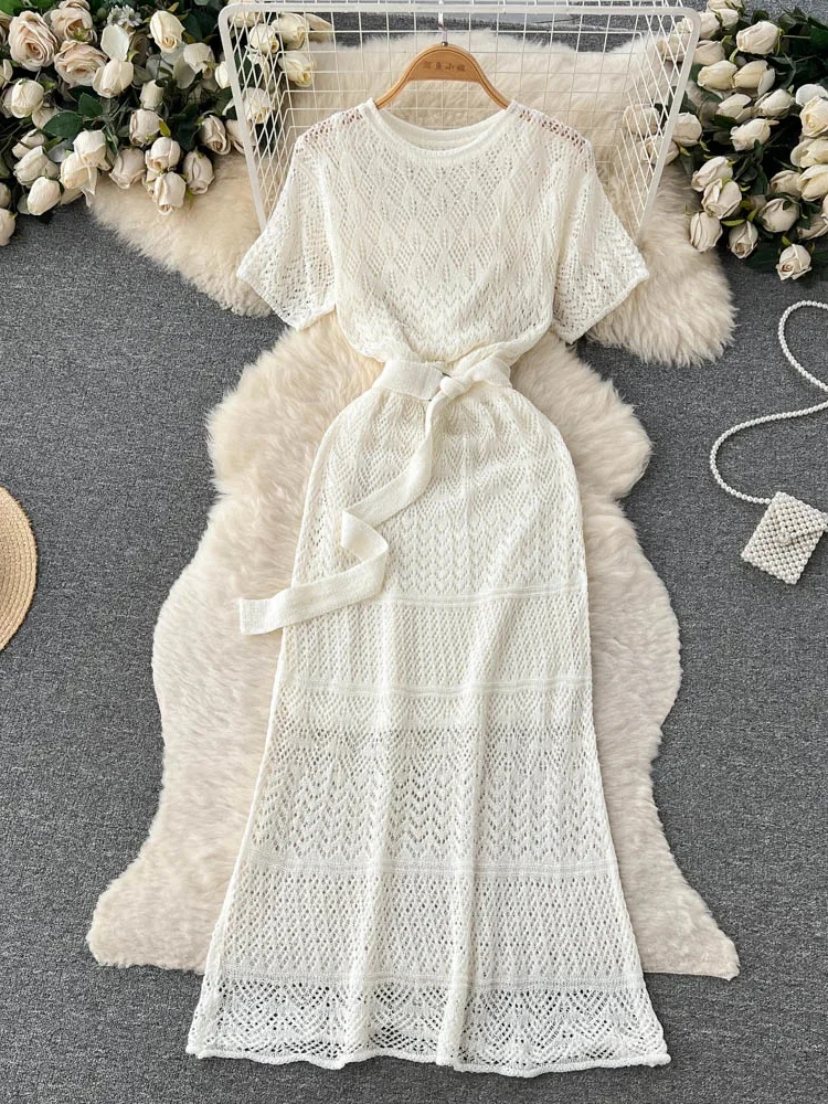 Summer Elegant Long Dress Women Vintage Chic Hollow Out Knitted Dresses Ladies Short Sleeve Korean Casual Long Robe Vestidos