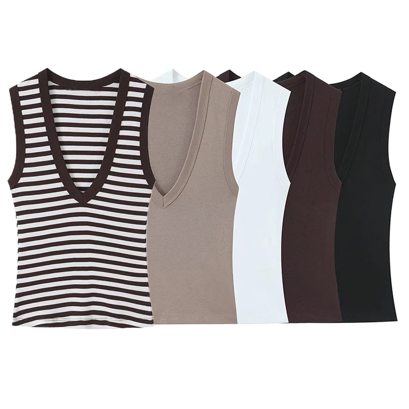Damen T-Shirt 2026 Neuer Sommer Einfarbig Ärmellos Sexy V-Ausschnitt Schlicht Figurbetont Top Lässig Schick Modisch High-Street T-Shirt
