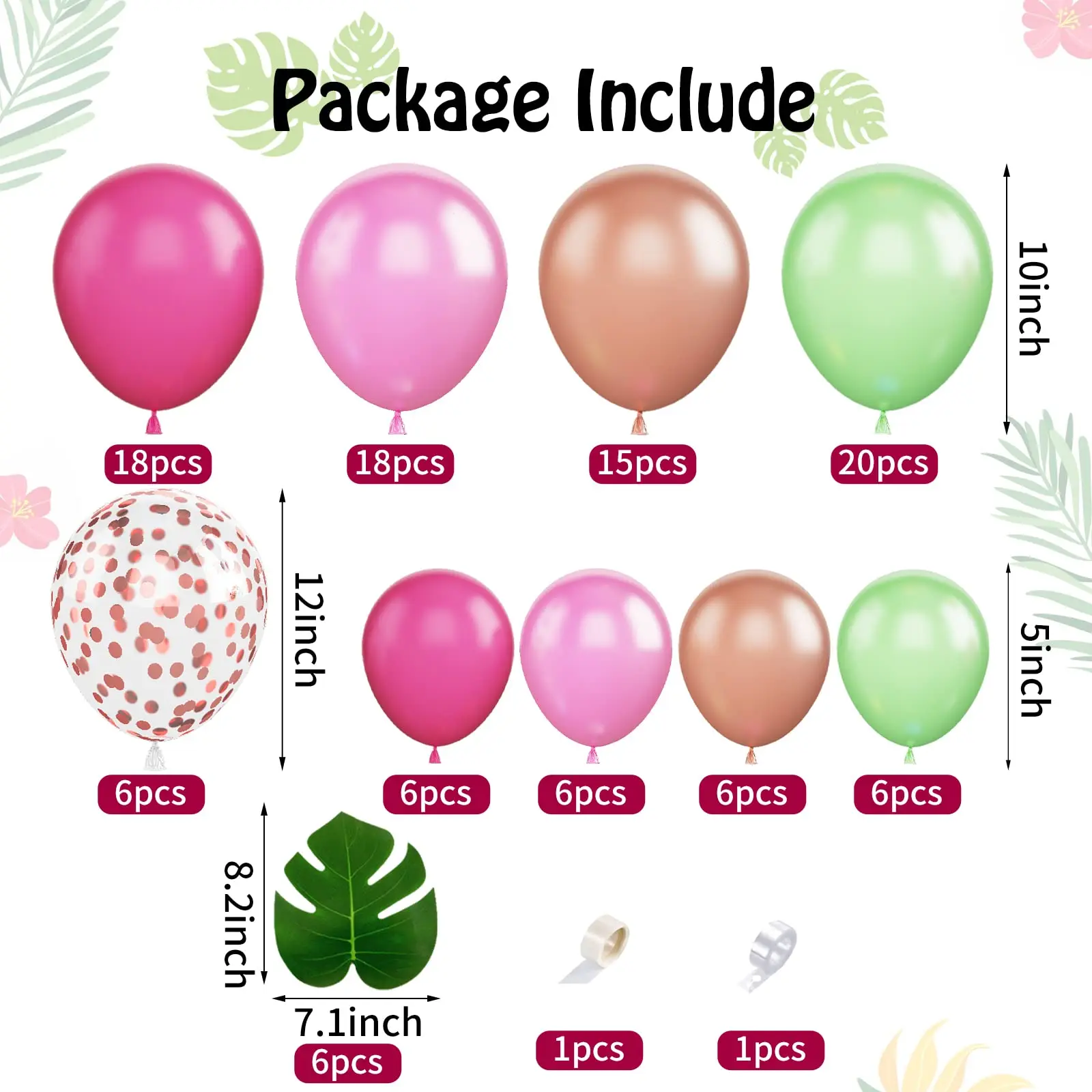 109pcs Green Pink BalloonTropical Balloons Arch Kit Palm Leaves Tropical Theme Hawaii Flamingo Birthday Baby Shower Decorations