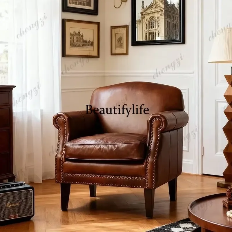 American Retro Leather Single Sofa Chair for Living Room Light Luxury Decorative Casual Chair Premium Quality