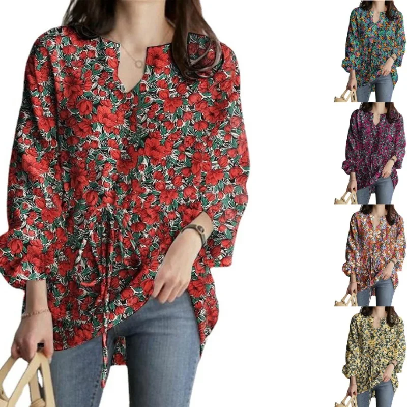 

Блузки, рубашки, топы, женские европейские и американские повседневные каникулы, модные с длинными рукавами, с v-образным вырезом и принтом, свободные весны и осени