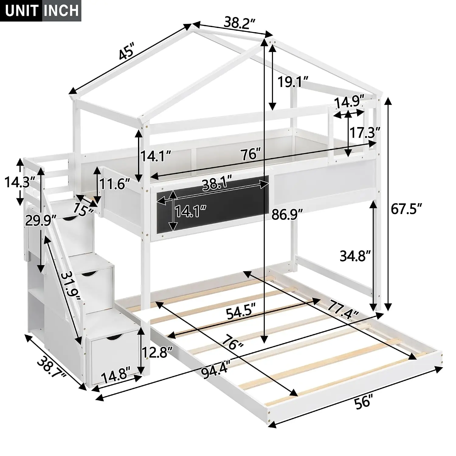 Twin Over Full Bunk Bed with Blackboard & Storage Staircase, Wood Playhouse Bed with Roof & Window for Kids, White, Customized