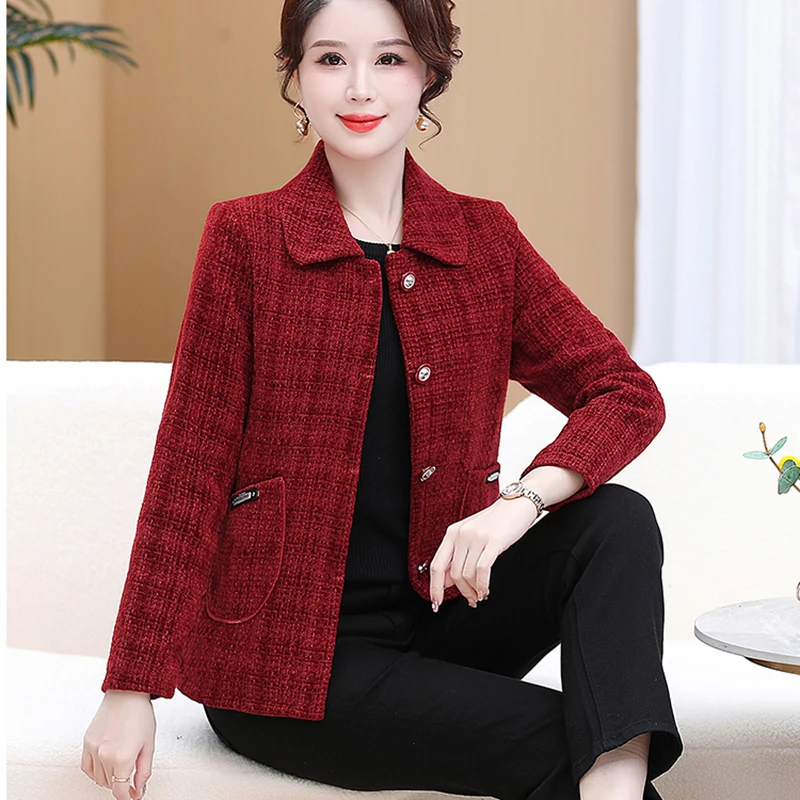 Middle-Aged Tweed Outerwear Women's 2024New Office Casual Blazer Coat Short Autumn Elegant Luxury Button Suit Jackets Female 5XL