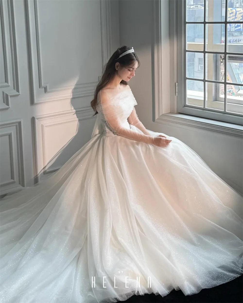 SPRAYING Luxury Sparkly Tulle Wedding Dress Strapless Shawl Long Sleeve Bridal Gowns A line Long Robe De Mariée Customized 2025