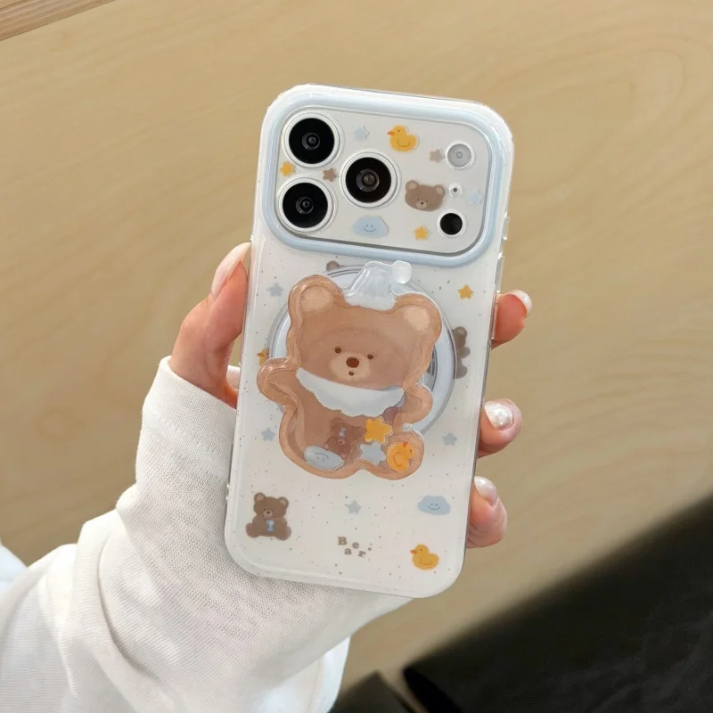 

Fashion Cartoon Bear Duck Magnetic Phone Case For iPhone 17 Pro 16 15 Pro Max Cover with Stand For Magsafe Cute Protective Cases