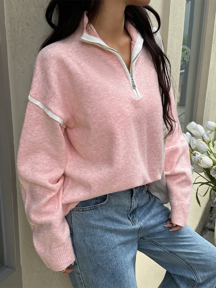 

Casual Women Polo Collar Pullover Sweater Autumn Fashion Long Sleeve Zipper Loose Blouse 2025 Chic Lady Office Street Warm Coats