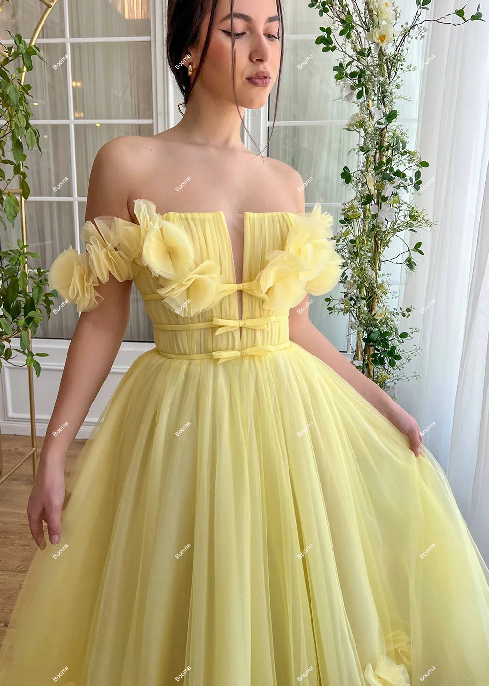 Booma Yellow A-Line Prom Dresses Off Shoulder 3D Flowers Hoemcoming Party Gowns for Women Tea-length Evening Dresses