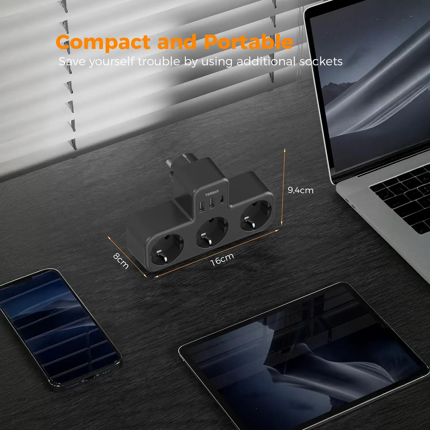 TESSAN-enchufe de pared USB estándar de la UE múltiple, enchufe 6 en 1 con adaptador de 3 salidas de CA, cargador de pared para el hogar y la Oficina