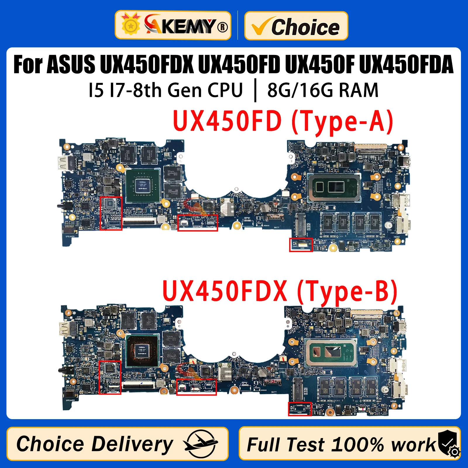 

Akemy UX450FDX Laptop Motherboard RAM For ASUS UX450FD UX450F UX450FDA Notebook Mainboard GTX1050 I5 I7-8th Gen CPU 8GB 16GB