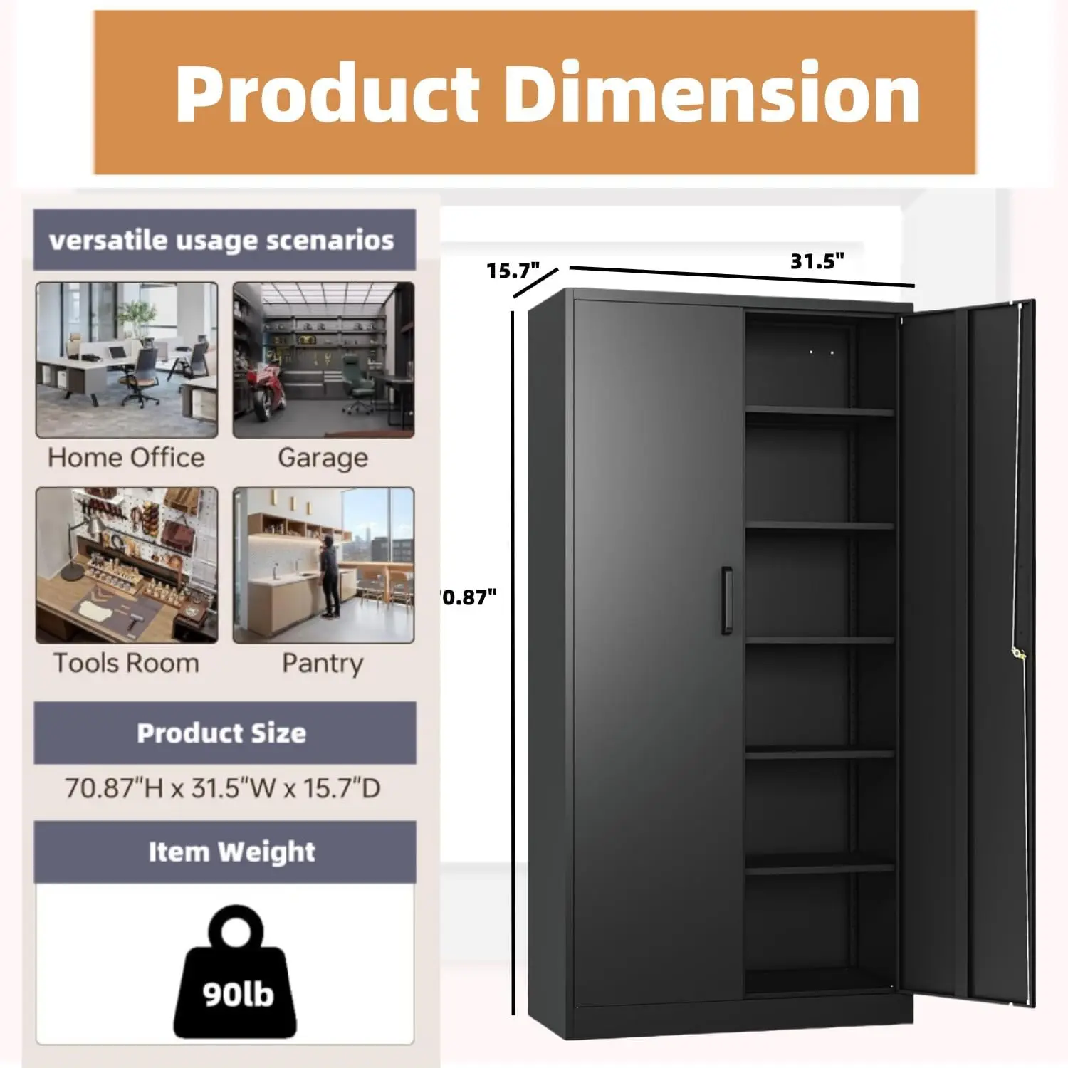 Metal Storage Cabinet with 5 Adjustable Shelves, Pantry Cabinet with 2 Doors, Lockable Garage Storage Cabinet, Tool Cabinet,