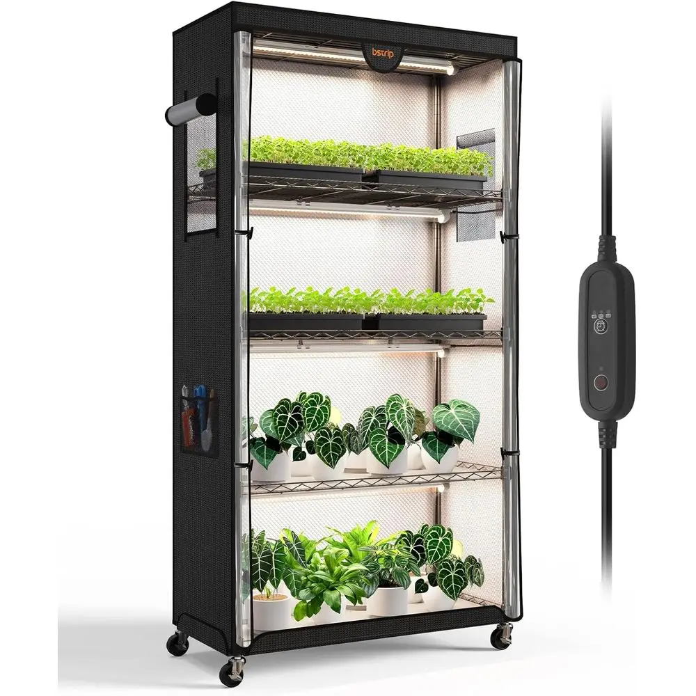 Estufa com luz de cultivo, suporte para plantas, 4 pacotes de luzes para plantas de espectro completo de 24 W, prateleira para plantas com barraca, partida de sementes, bandeja para sementes,
