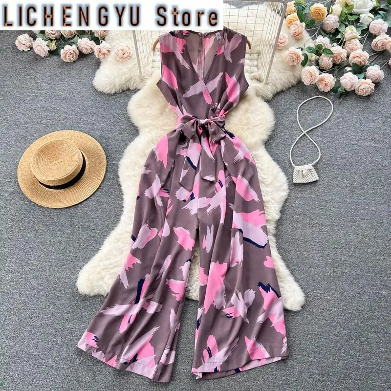 New Elegant Style Chic Jumpsuit Women V-neck High Waist Contrast Color Print Wide Leg Jumpsuits Winter Spring