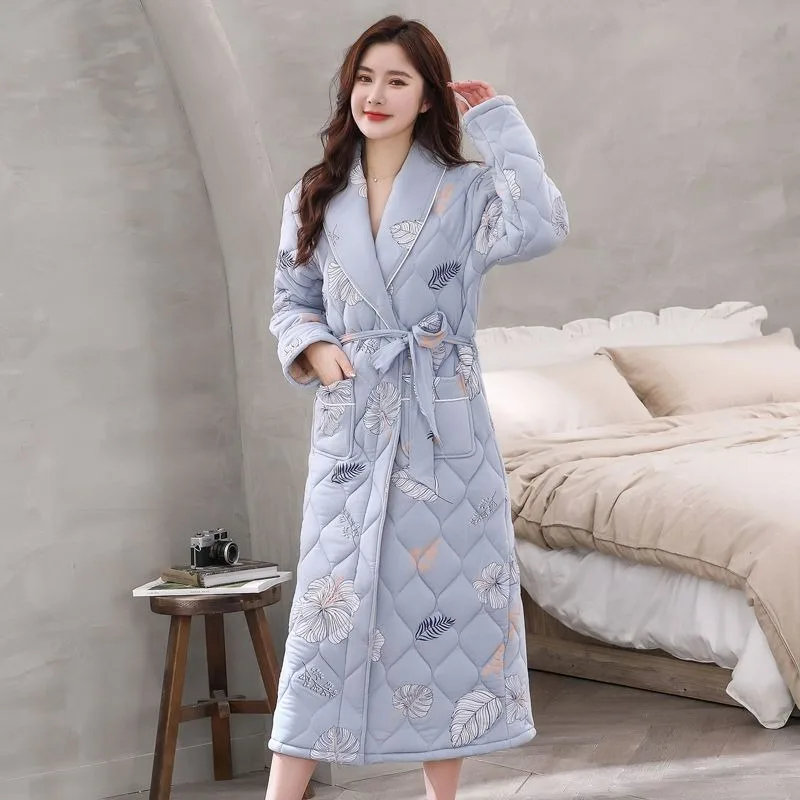 

2024 New Pajamas Women's Winter Dressing Gowns Pure Cotton Robes Three-layer Cotton Jacket Loungewear Set Thickened Nightwear