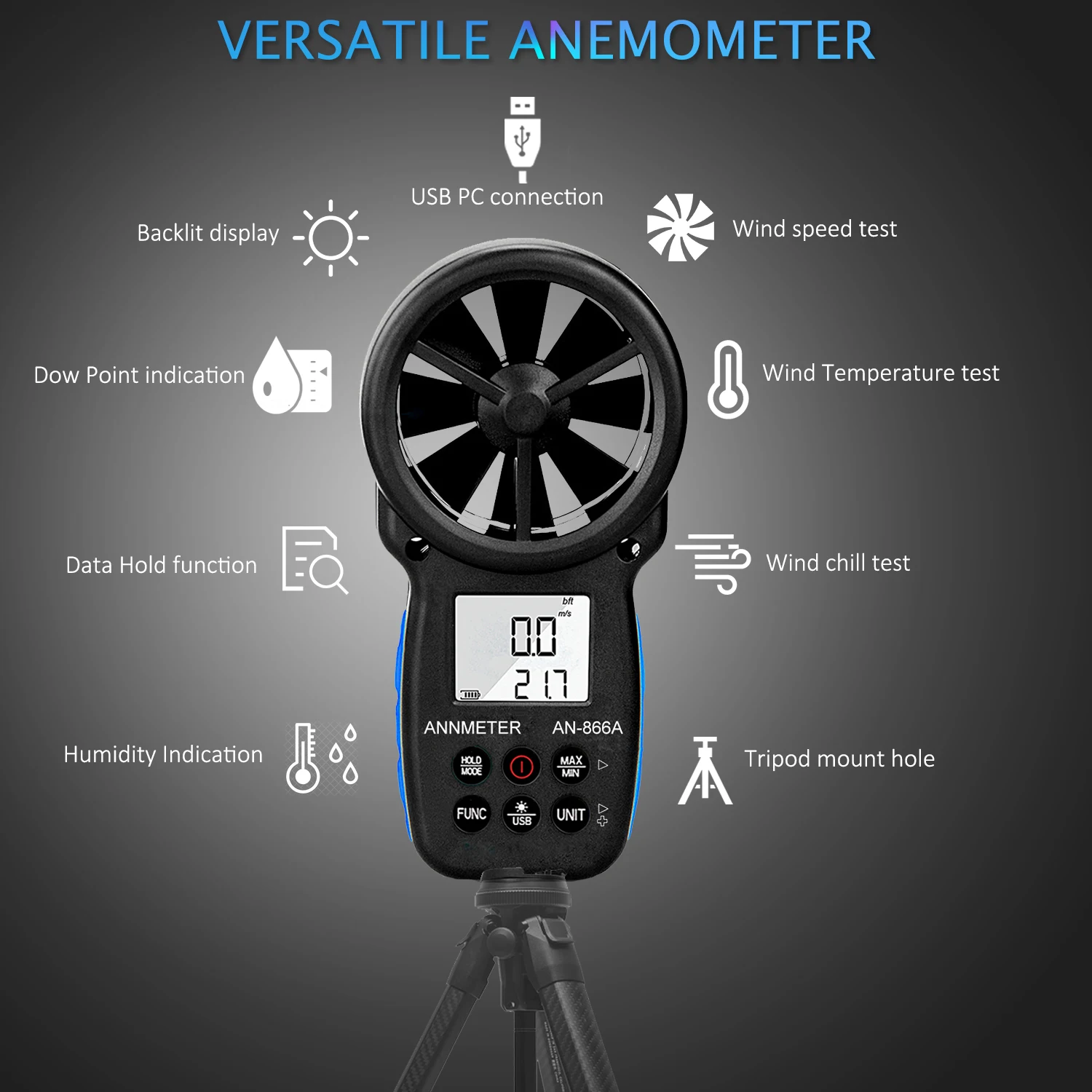 Handheld HVAC Anemometer for CFM Air Flow, USB PC Connection, Backlit Wind Speed Meter for Kite Flying, Sailing, Surfing