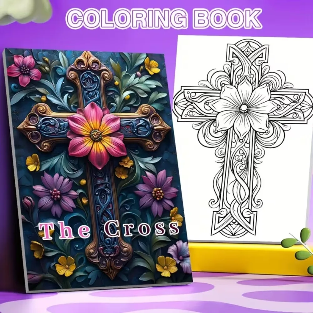 A4 Spiral Cross and Flower Coloring Book for Adults 24 Pages Spiritual Floral Designs Relaxing Art Therapy Gift