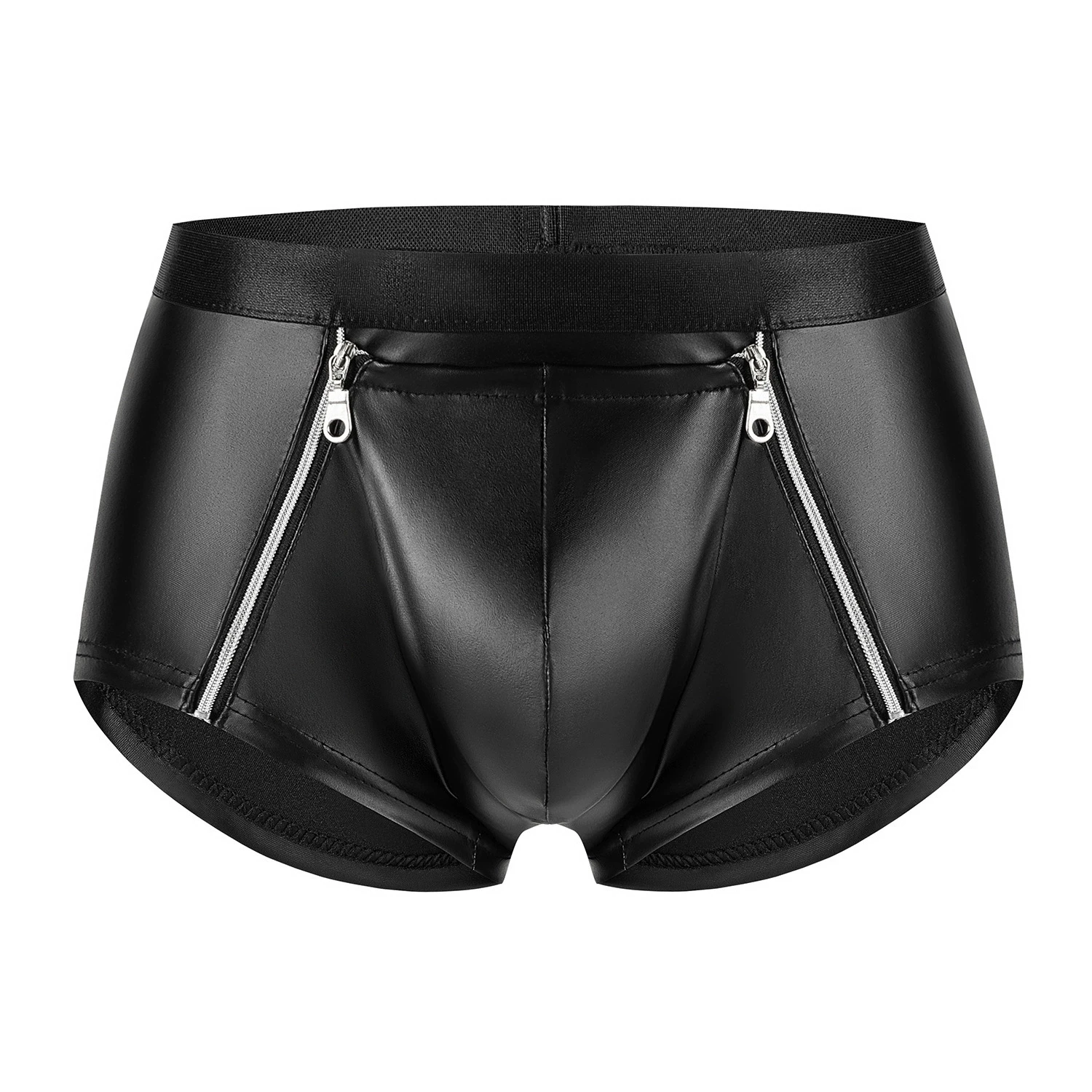 Neue Boxershorts mit doppeltem Reißverschluss, aus Kunstleder, mit konvexem Beutel, Herren-Boxershorts, Badehose, sexy Unterwäsche.