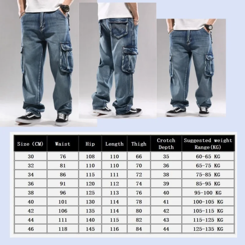 Fashion Trend Jeans Man Hiphop Skateboarders Denim Pants Autumn Winter Trousers Loose Men Big Size Hip Hop Bottoms Blue 44
