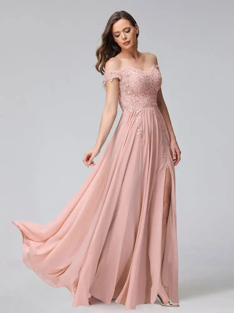 Chiffon Off-The-Shoulder A-Line Appliqued Long Bridesmaid Dresses Zipper Backless High Slit Elegant Evening Dresses for Wedding