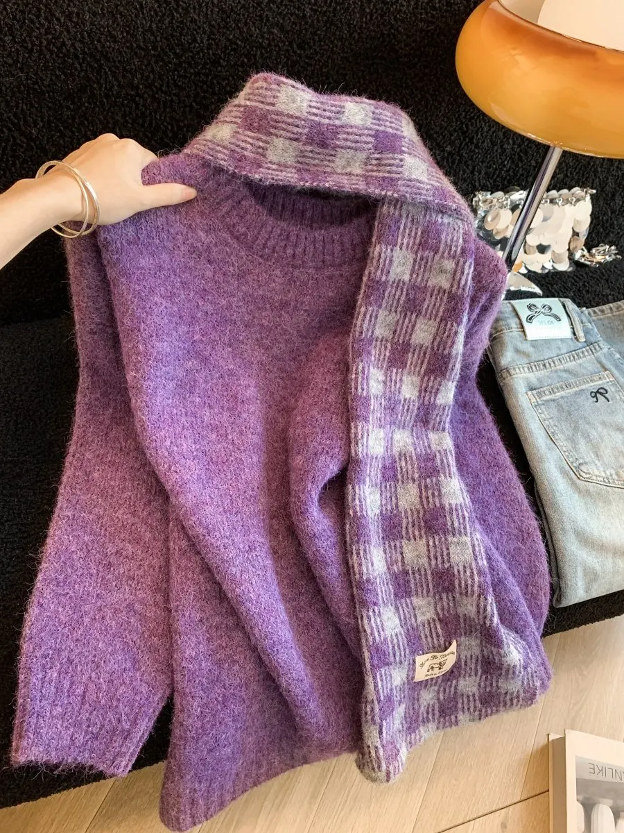 

Loose round Neck Knitted Sweater Women's Autumn Winter New Style Korean Plaid Scarf Lazy Fashion Soft Thick Long Sleeve Top