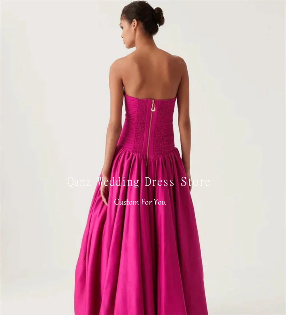 Qanz Fuchsia Evening Dresses Taffeta Strapless High Slit Formal Occasion Dresses Vestidos De Fiestas Elegantes Muje Customized