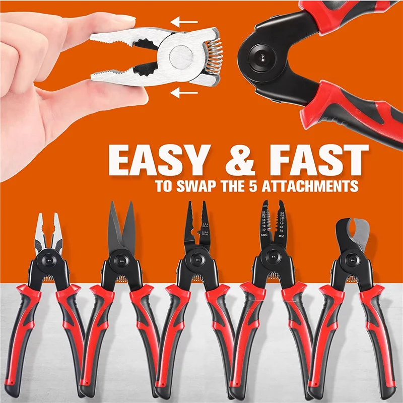 

A63K-10-PCS Plier Tool Set, 5 In 1 Versatile Tool Kit, With Linesman Plier, Wire Stripper, Crimping Tools, Sheet Metal Shear