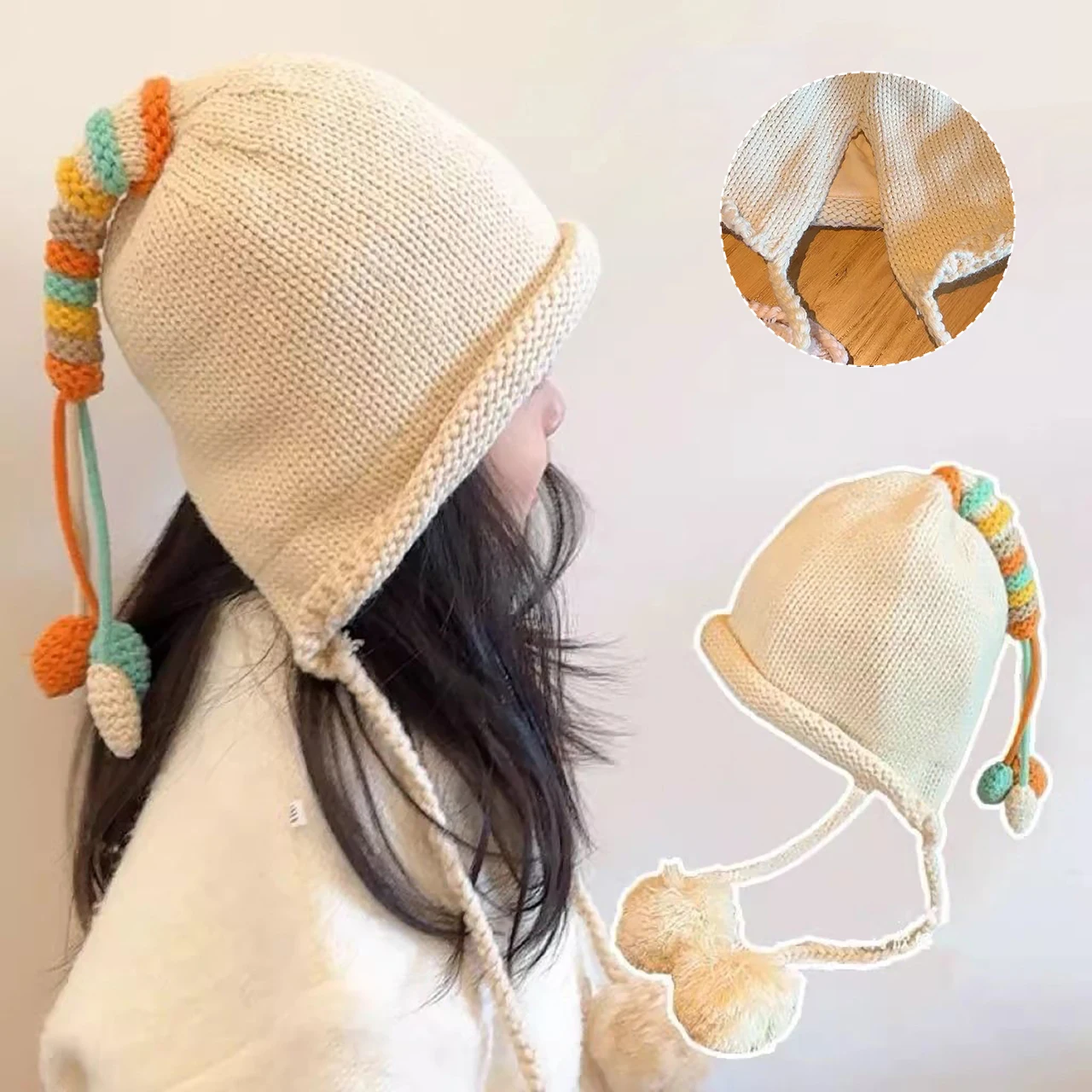 Rainbow Tail Children Ear Protection Hat Winter Warm Kids Woolen Hats Pompom Beanies 1-4Year Baby Pullover Cap Headgear Bonnet view 2